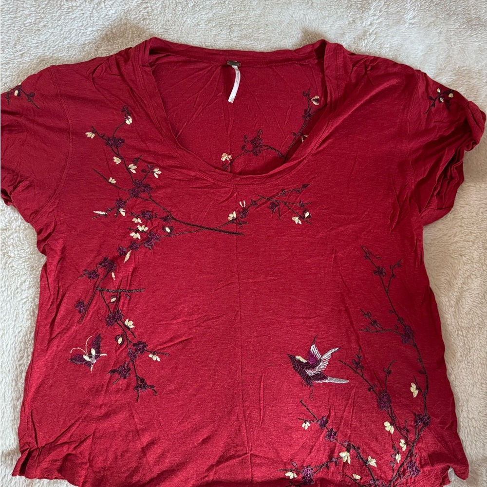 Free People Wine Red Short-Sleeve Tee with Embroidered Birds & Blossoms